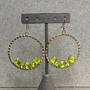 Hoop Dangle Pierced Earrings As Is Silver Green Rhinestone Rippled Bling Glam